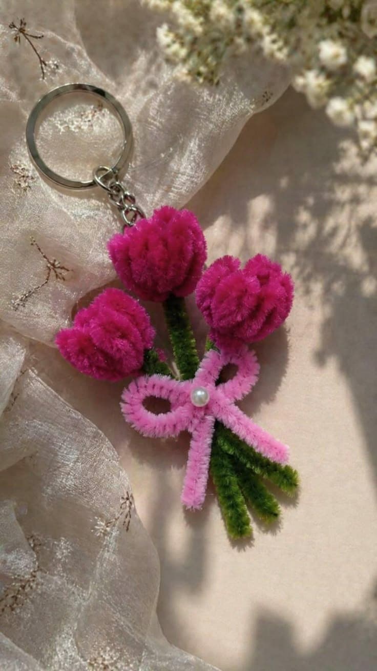 Pink Tulip Bouquet Keychain
